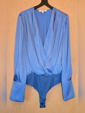 Favorite Daughter The Date Blouse Bodysuit Provence Blue Satin Pleated Top FLAWS